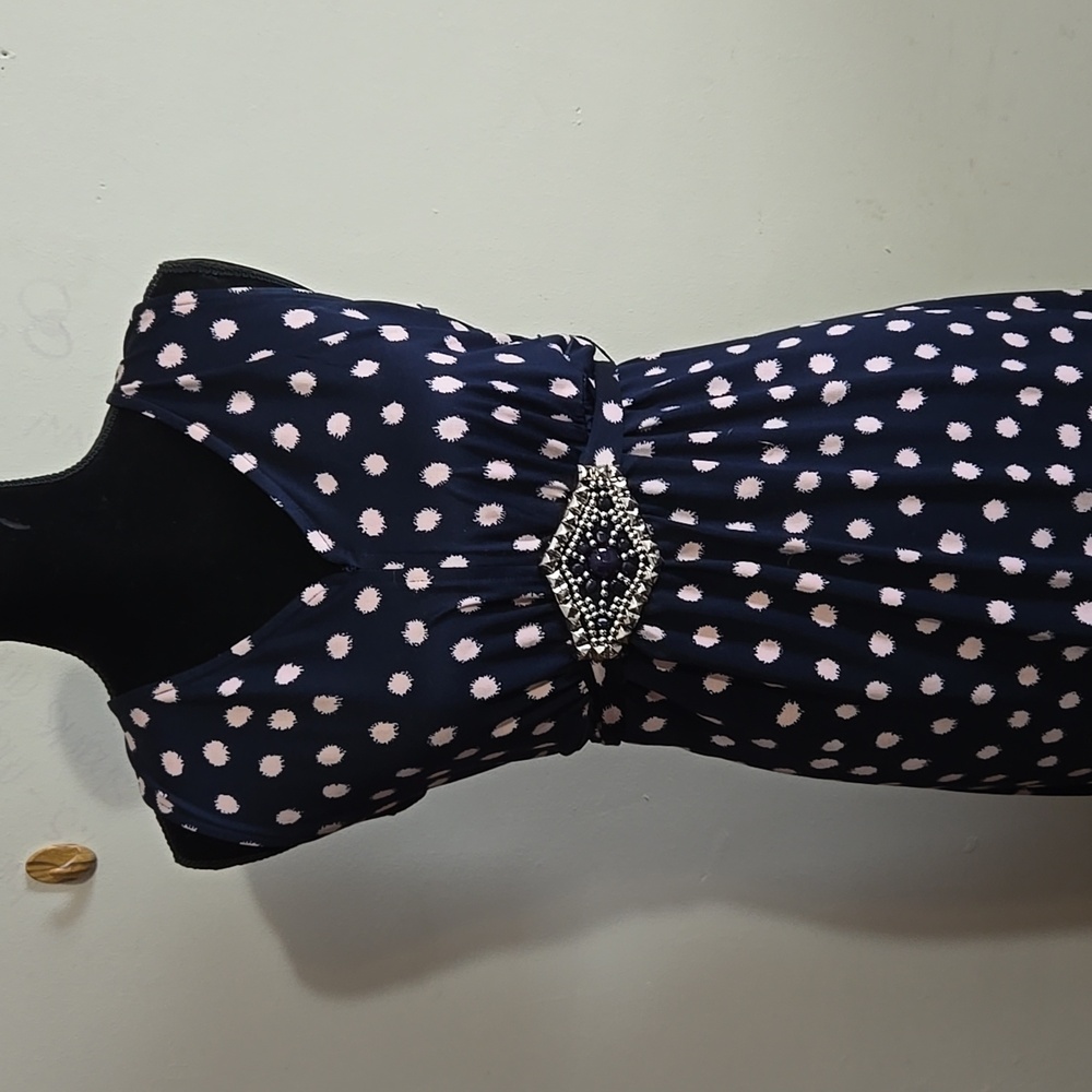 Nina Leonard Navy Blue V-Neck Sleeveless Maxi Dress Elastic Waist Beaded Belt